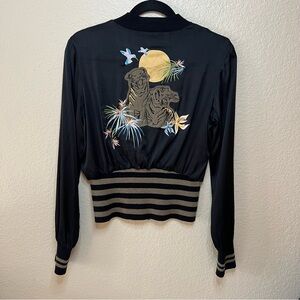 Marc Cain Black Silk Cropped Bomber Jacket Embroidered On Back Zip Up XS/ S